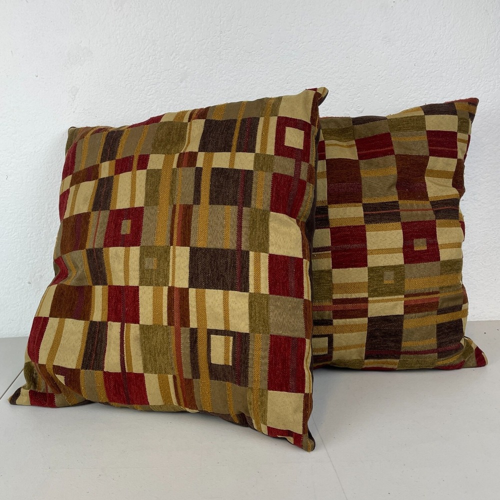 Throw Pillow Set Of 2 Geometric Check 14x14 Brown Red Square Decorative Tapestry